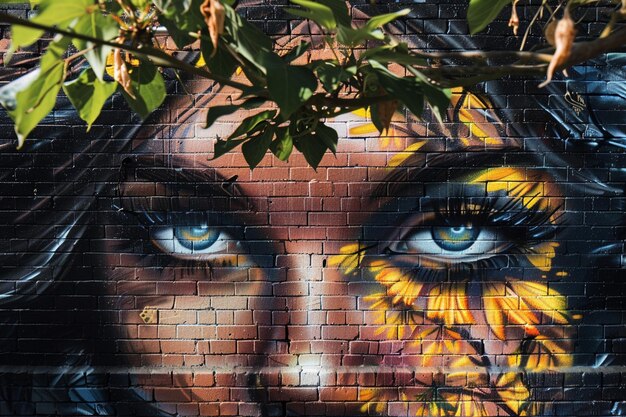 a woman with a yellow face and blue eyes is painted on a brick wall