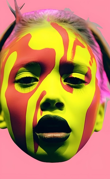 A woman with a yellow face painted with a pink background.