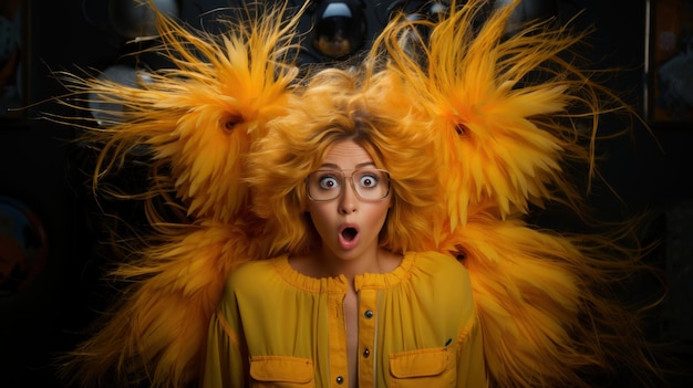 Photo a woman with yellow feathers on her head and a woman with a surprised expression in the background