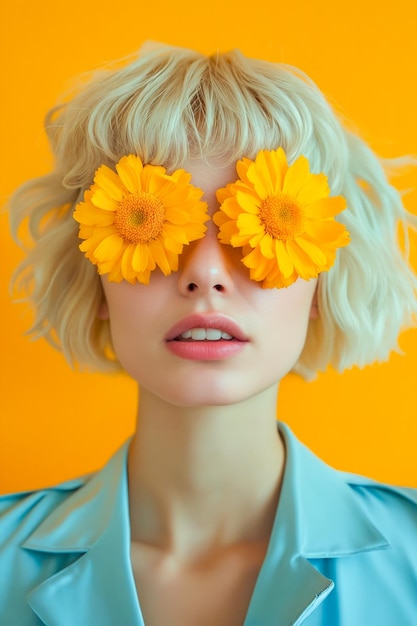 Photo a woman with yellow flowers covering her eyes