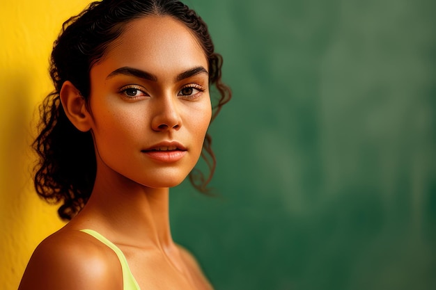 A woman with a yellow hat on and a green background