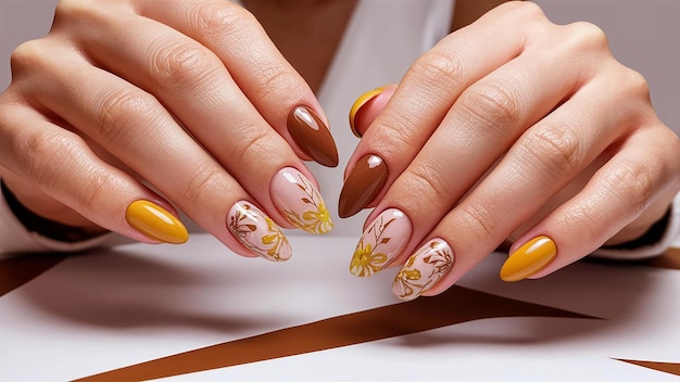 a woman with yellow nails painted with flowers and the words spring on the nails