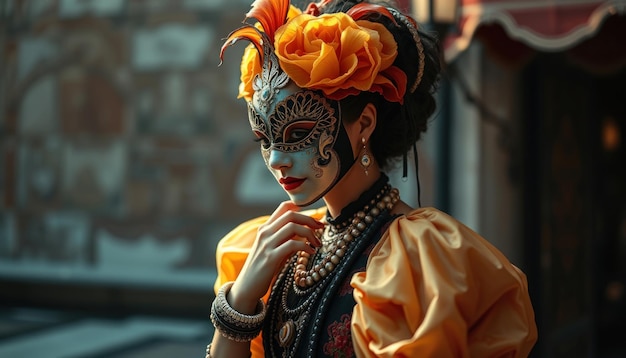 Photo a woman with a yellow and orange flower on her head and a yellow dress with a yellow flower on it