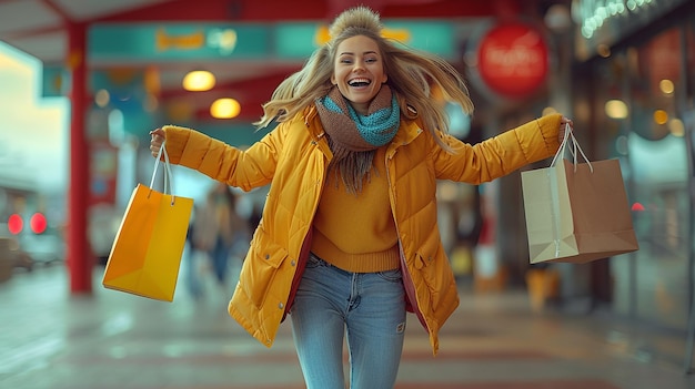 Photo a woman with a yellow outfit holding shopping bags