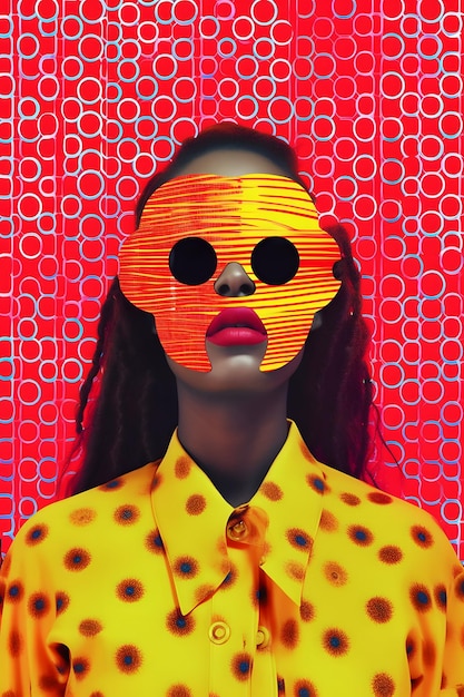 A woman with a yellow polka dot shirt and a red background with a red background and a red background with a red circle.