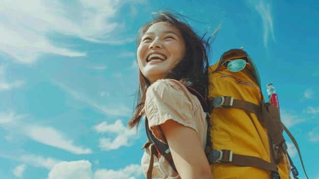 a woman with a yellow shirt on her back is smiling