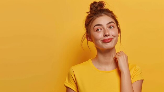 Photo a woman with a yellow shirt that says quot she is smiling quot