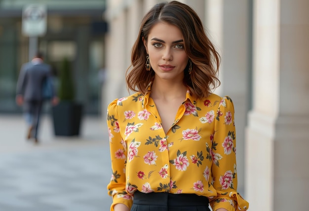 a woman with a yellow shirt that says  she  s wearing a floral shirt