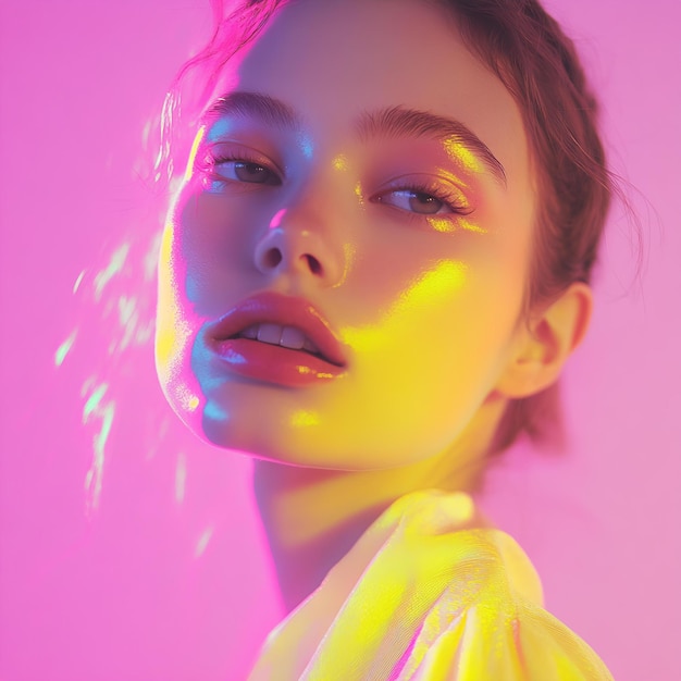 A woman with a yellow shirt and a yellow shirt is posing with a pink background