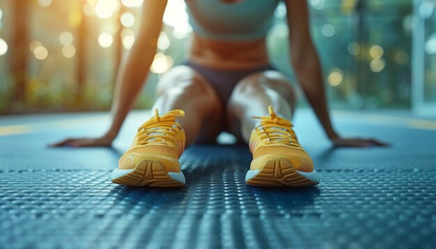 a woman with yellow shoes that say quot sneakers quot on a mat