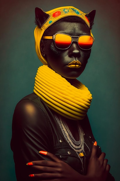 A woman with yellow sunglasses and a black jacket that says'black and yellow '