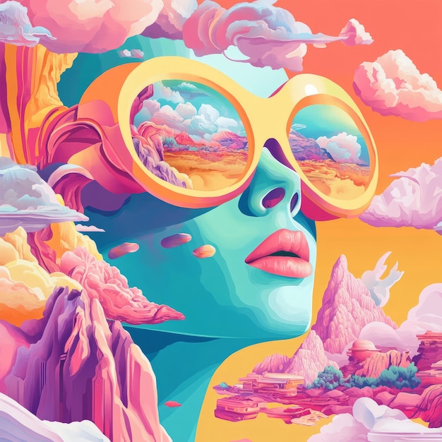 Photo woman with yellow sunglasses looking up at a vibrant landscape