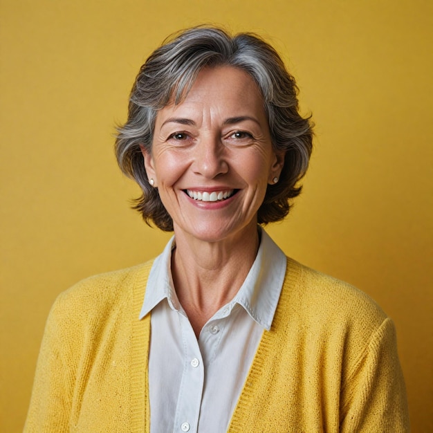 a woman with a yellow sweater that says  natural  on the front