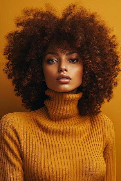 A woman with a yellow turtleneck and a yellow turtleneck.