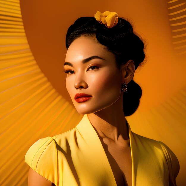 A woman with a yellow umbrella in front of a yellow background.