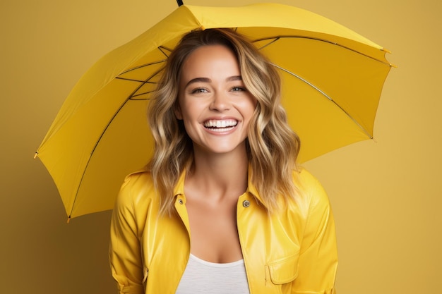 A woman with a yellow umbrella over her head