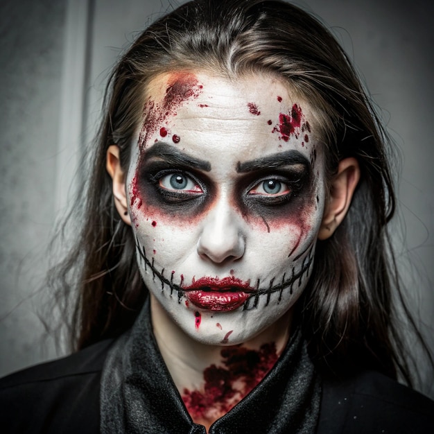 a woman with a zombie makeup on her face is wearing a jacket