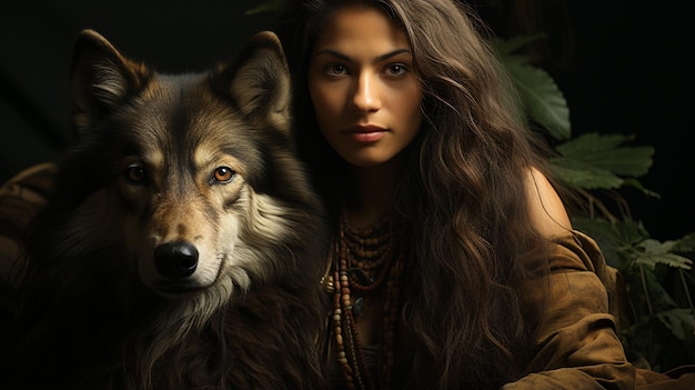 woman in a wolf costume with an african american dog