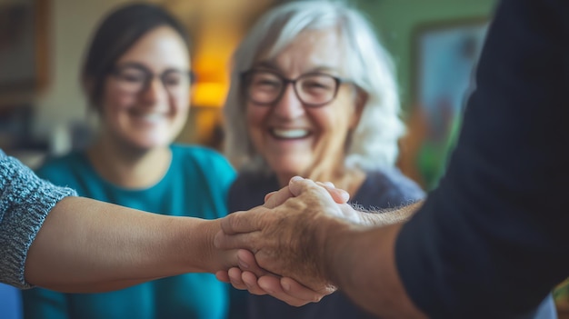 Photo a woman and a woman shake hands with a smile