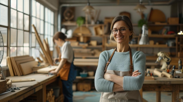 The woman in woodworking workshop