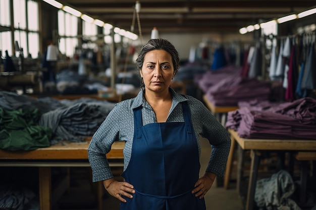 Woman worker in a clothes factory looking straight and self confidence Generative AI