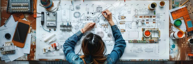 Woman Working on a Blueprint A woman is hunched over a blueprint drawing and sketching with