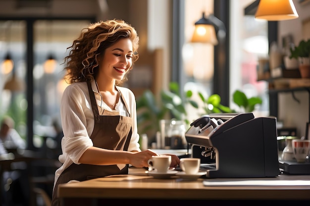 a woman working at a coffee shop with a coffee machine