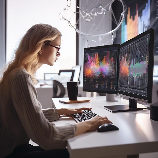 Woman working on computer doing big data analysis