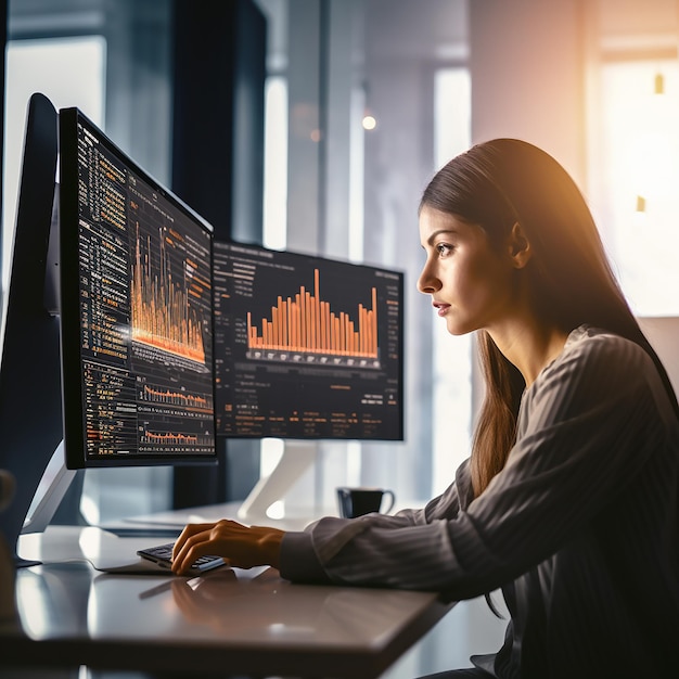 Woman working on computer doing big data analysis