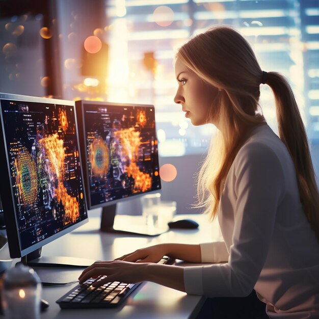 Woman working on computer doing big data analysis