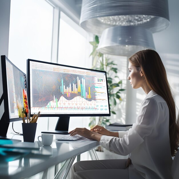 Woman working on computer doing big data analysis