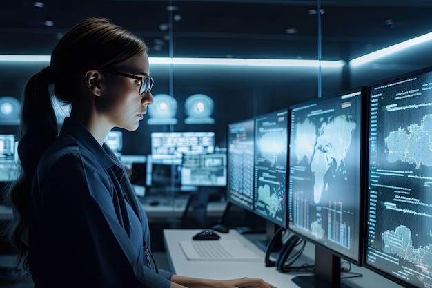 A woman working on computer monitors in a cyber room