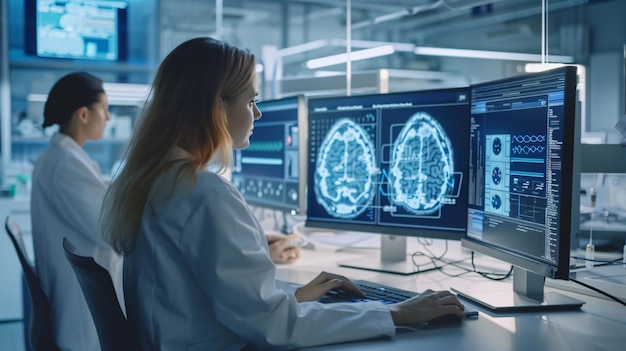 woman working on a computer with brain on the screen