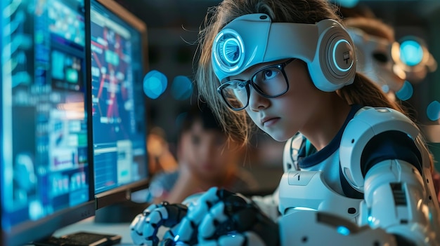 a woman working on a computer with a monitor showing a robot with the words  robot  on it