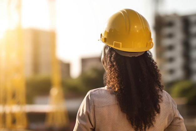 Woman working in a construction site wearing a yellow safety hardhat rear view Generative AI