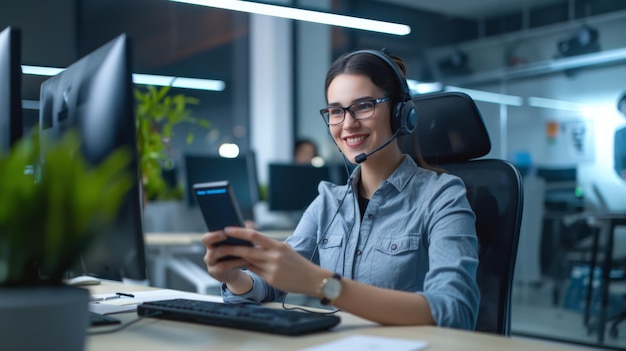 Woman working in customer support multitasking as a call agent with a smartphone