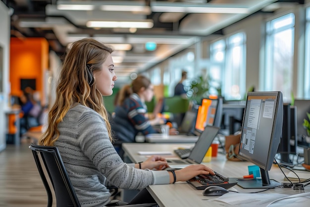 Woman working desk laptop monitor