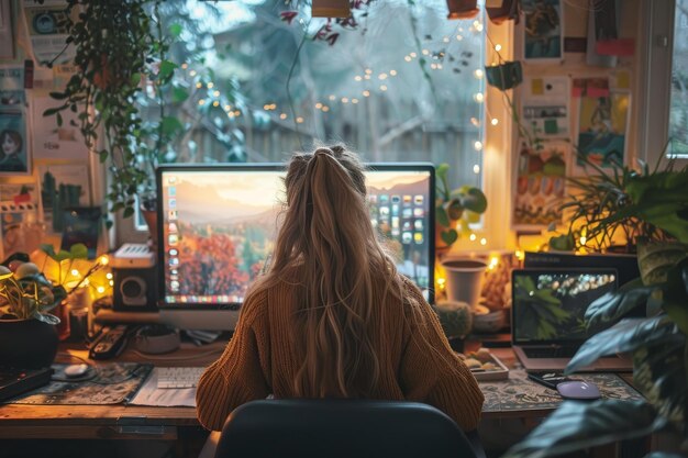 Woman Working at a Desk with a Computer