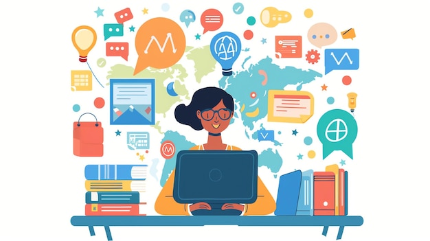 Woman working at a desk with laptop and colorful icons related to business and work