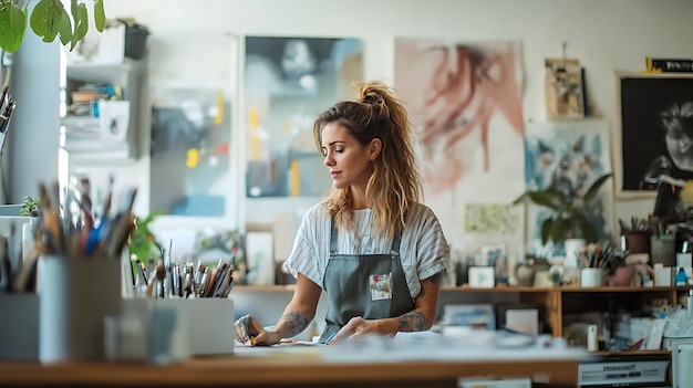 Photo a woman working at a desk with a painting on the wall behind her