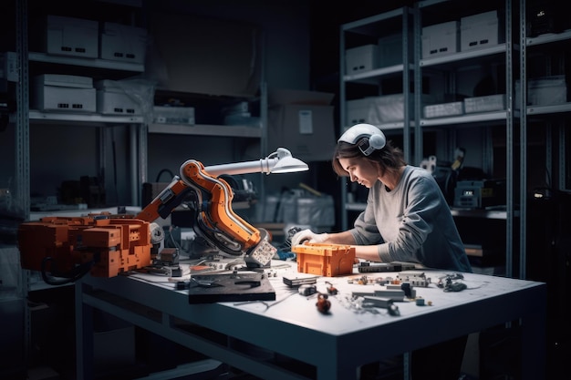 A woman working in a factory with machinery and tools Generative Ai