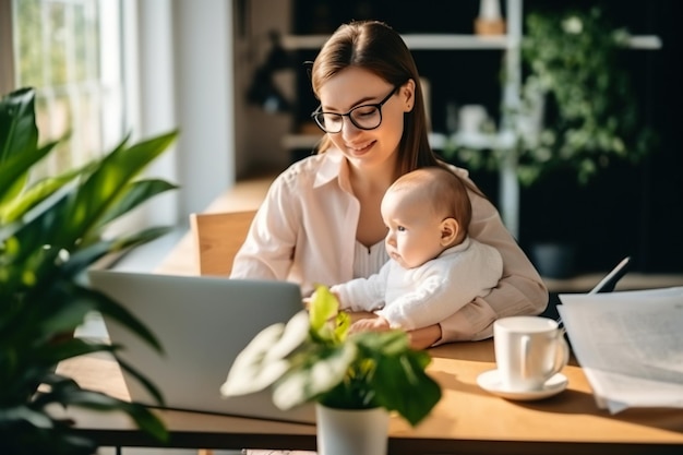 woman working from home with her little baby in her arms