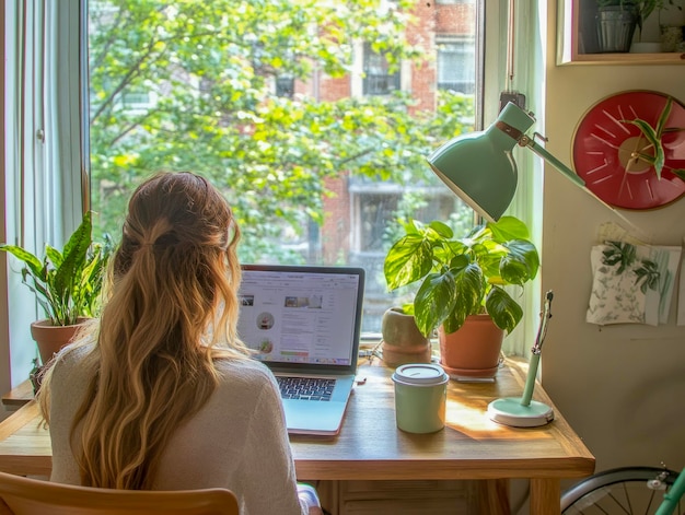 Photo woman working from home with laptop in cozy office space