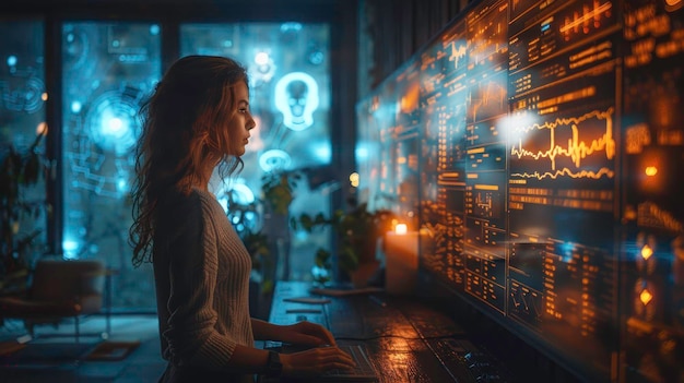 Woman working on futuristic holographic screens immersed in modern technology and data visualization