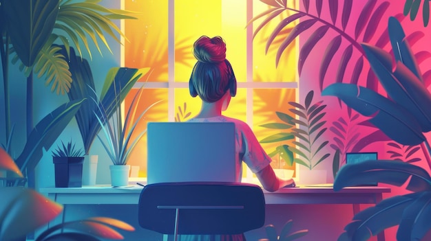 Woman Working at Her Desk Surrounded by Plants