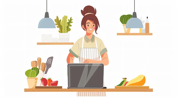 Photo a woman working in her kitchen with a computer monitor and vegetables