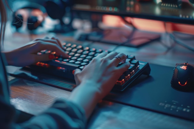 Woman working at home office hand on keyboard close up