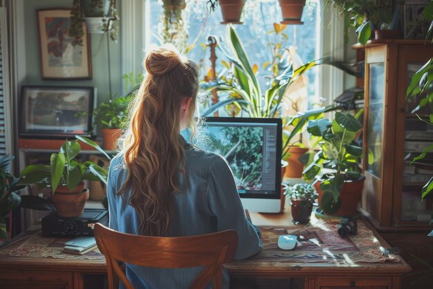 Woman Working at Home Surrounded by Plants