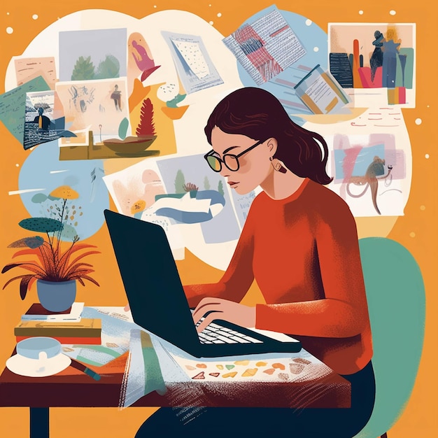 Woman working at home Work from home concept Vector illustration