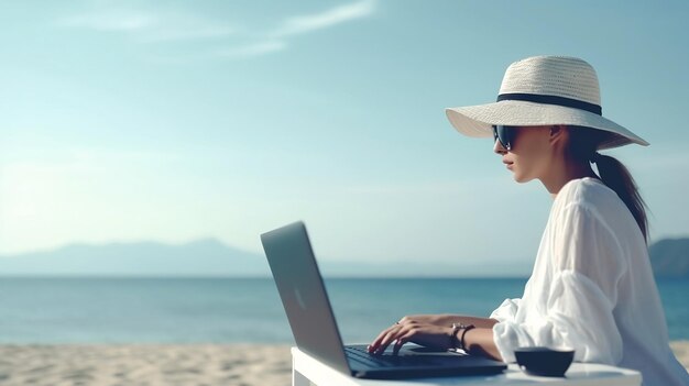 Woman working on a laptop on the beach